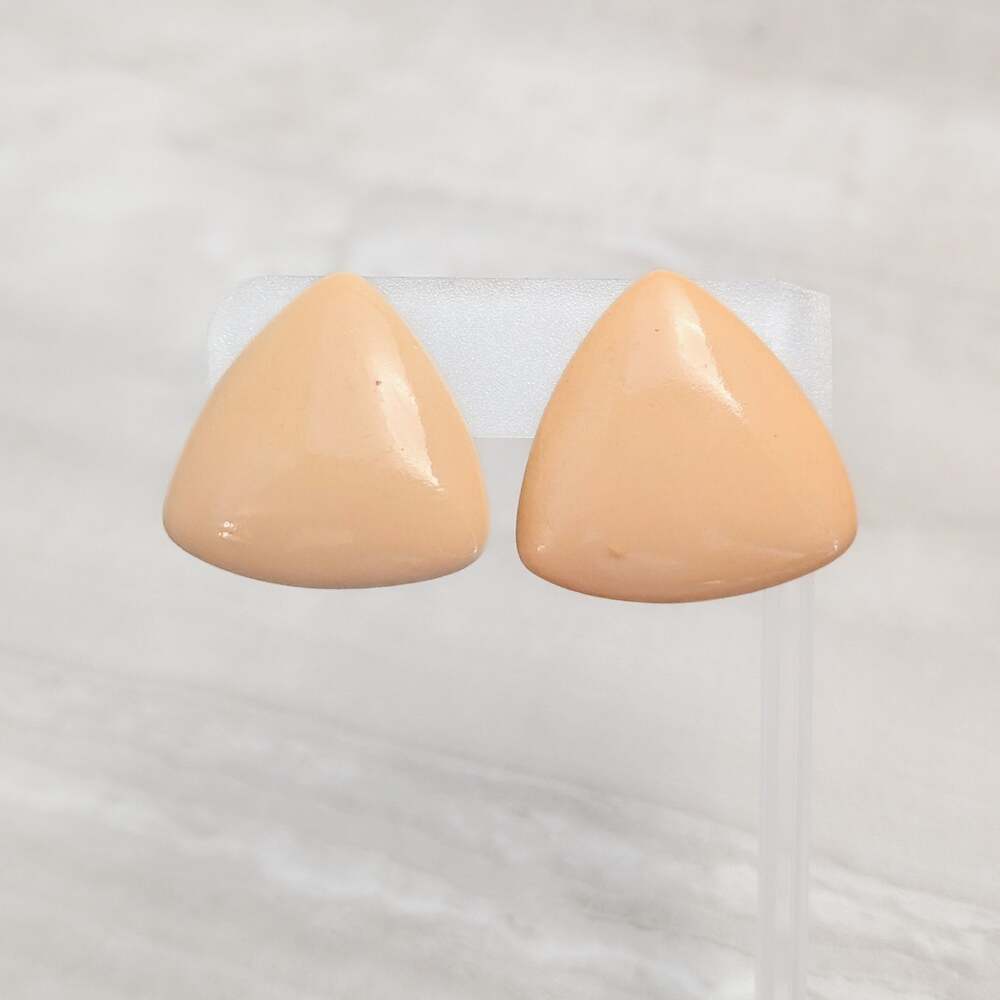 Vintage Clip On Earrings 1.25" Large Peachy Beige Tone Rounded Triangle Retro